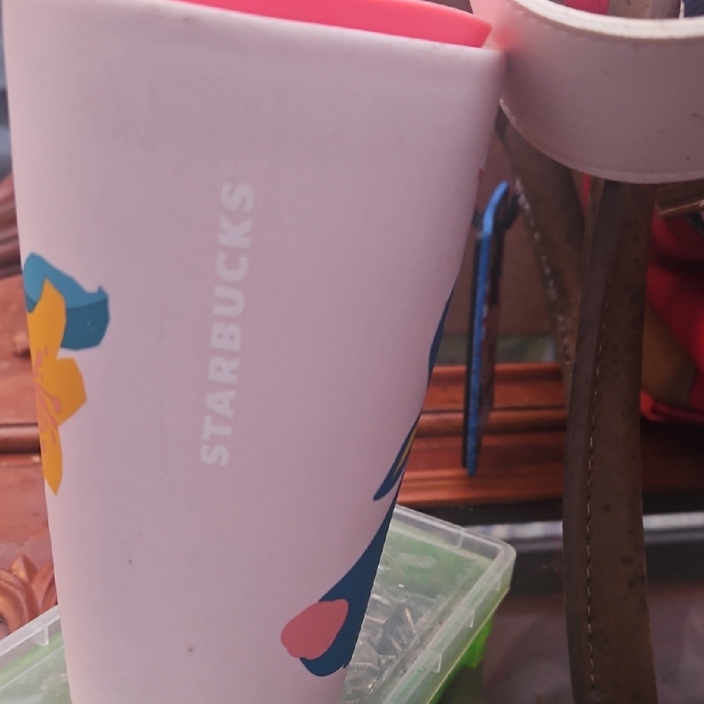 Starbucks White Tumbler with Floral Accents